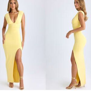 Plunge-Neck Thigh-Split Maxi Dress in Lemon Sherbet
